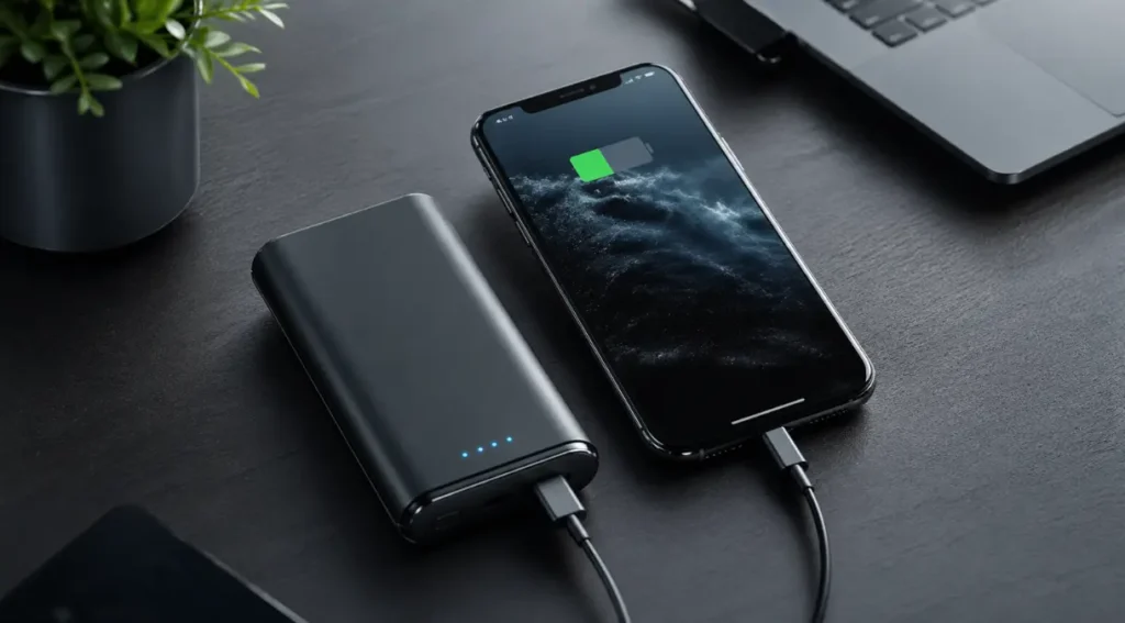 power bank carregando celular mesa trabalho 2026