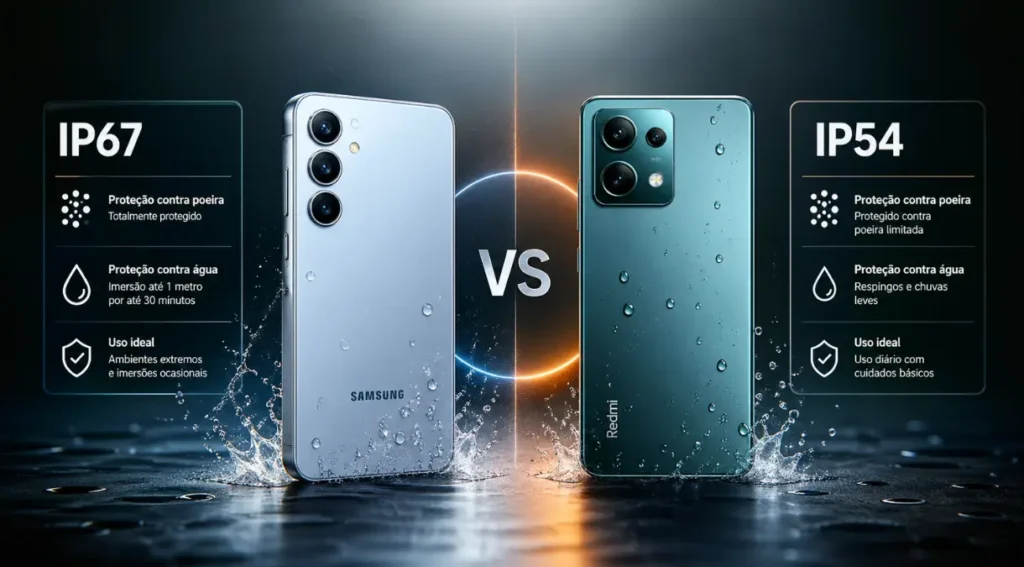 Galaxy A55 vs Redmi Note 13 Pro: Qual Vale Mais a Pena em 2026? 3 diferença IP67 IP54 resistência água celular