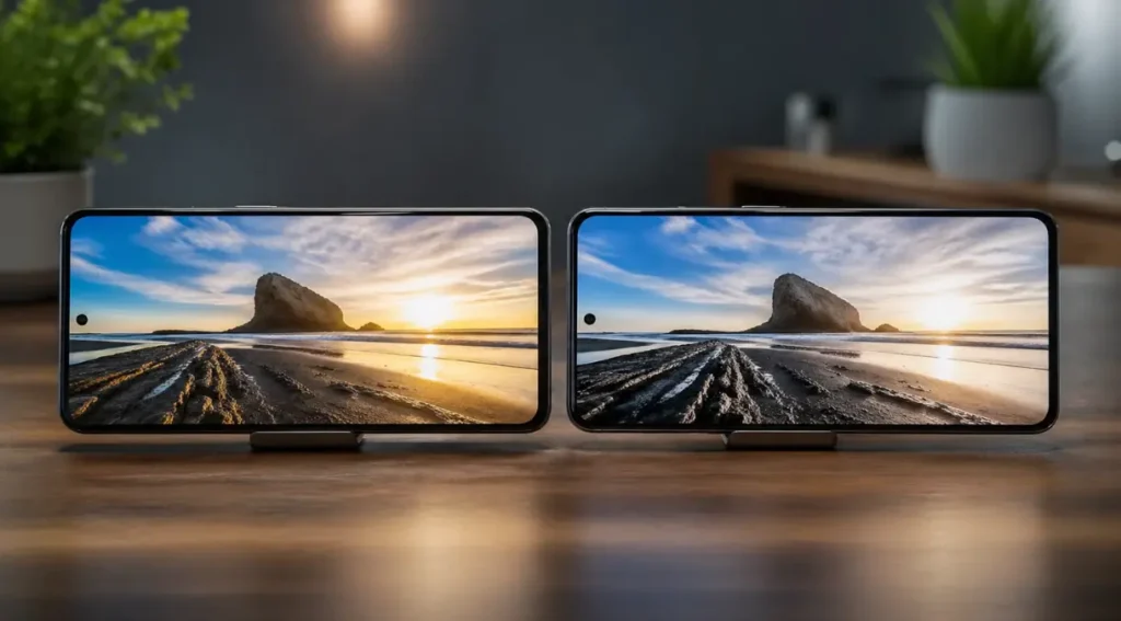 Galaxy A55 vs Redmi Note 13 Pro: Qual Vale Mais a Pena em 2026? 4 tela Galaxy A55 vs Redmi Note 13 Pro brilho comparativo