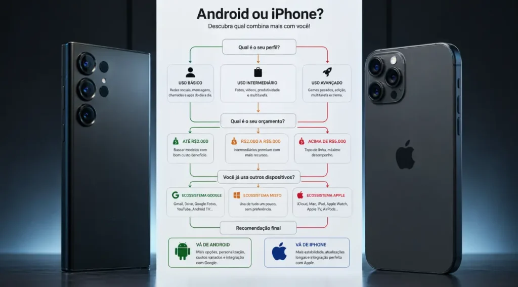 Android ou iPhone: Qual Escolher em 2026? Guia Completo 6 guia decisão Android iPhone 2026 qual escolher