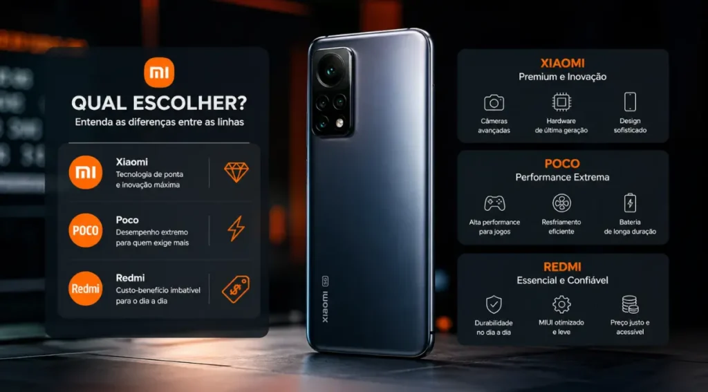 Xiaomi Custo-Benefício em 2026: Guia Completo para Escolher o Modelo Certo 3 diferença entre Redmi Poco Xiaomi linhas comparativo 2026