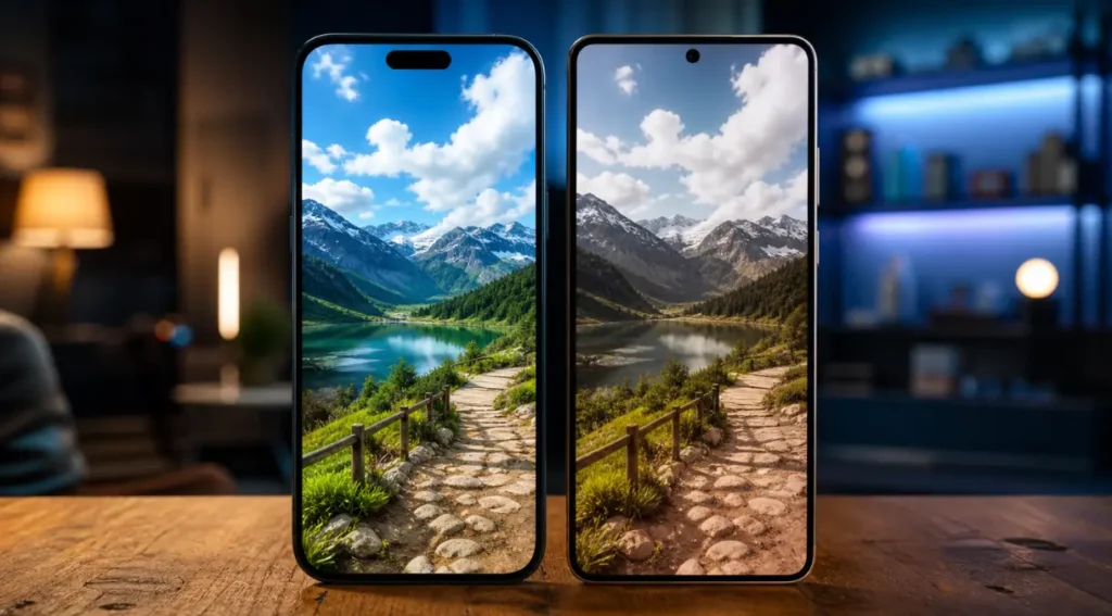 iPhone 15 vs Galaxy S24: Qual Vale Mais a Pena em 2026? 3 comparacao tela iPhone 15 Galaxy S24 brilho externo