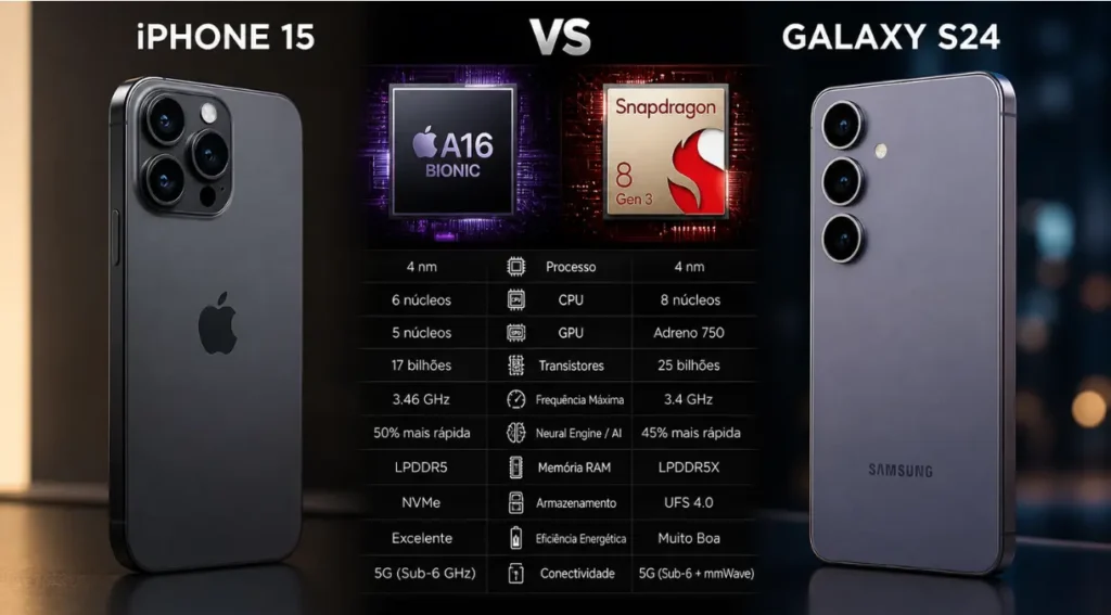iPhone 15 vs Galaxy S24: Qual Vale Mais a Pena em 2026? 4 A16 Bionic vs Snapdragon 8 Gen 3 comparação desempenho 2024