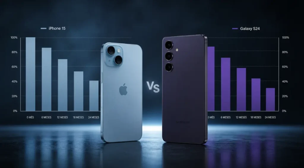 iPhone 15 vs Galaxy S24: Qual Vale Mais a Pena em 2026? 6 depreciação valor revenda iPhone 15 Galaxy S24 Brasil