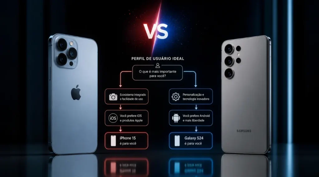 iPhone 15 vs Galaxy S24: Qual Vale Mais a Pena em 2026? 7 infográfico escolha iPhone 15 Galaxy S24 perfil usuario
