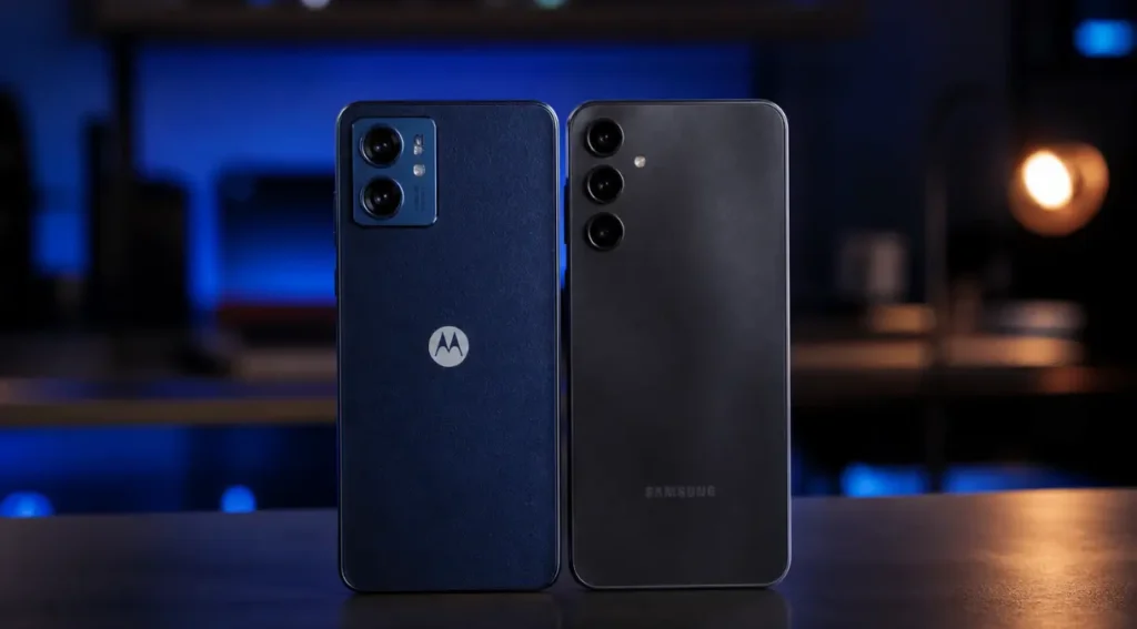 Moto G54 vs Galaxy A25: Qual Comprar em 2026? 5 design traseiro Moto G54 couro vegano vs Galaxy A25 acabamento fosco