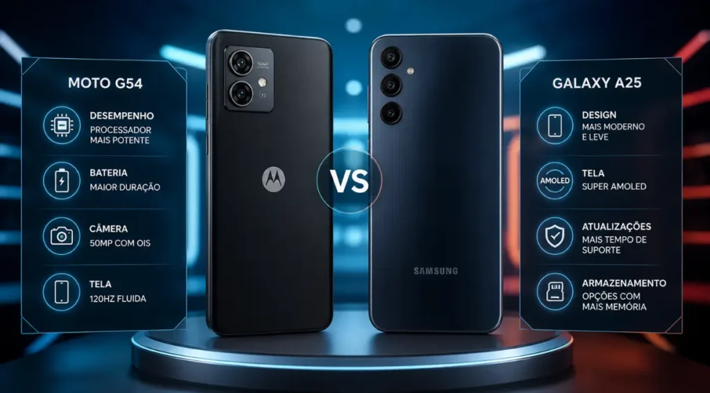 Moto G54 vs Galaxy A25: Qual Comprar em 2026? 6 infográfico Moto G54 vs Galaxy A25 qual escolher 2026