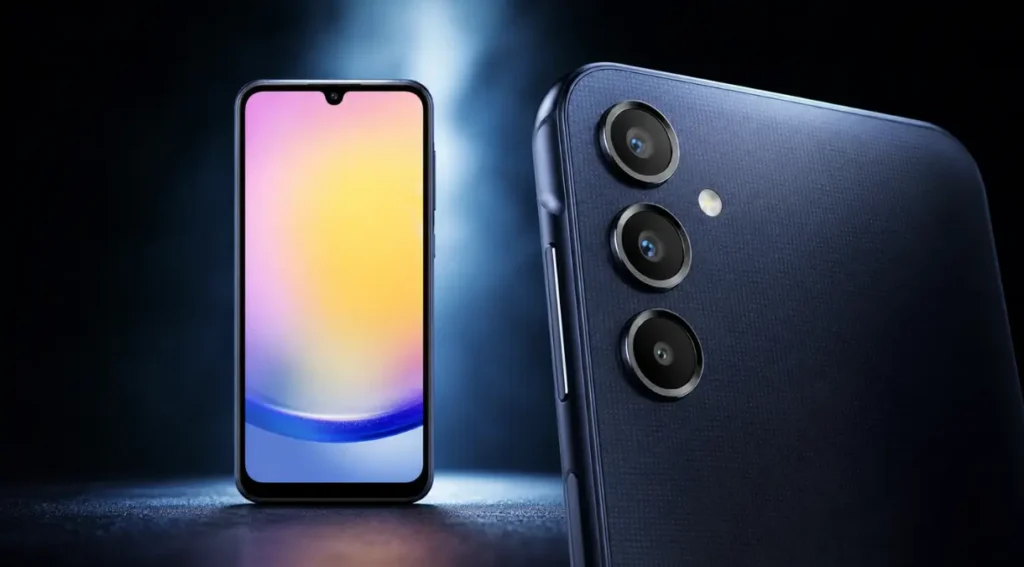 Samsung Galaxy A25: Review Completo e Vale a Pena em 2026? 3 samsung galaxy a25 traseira textura câmera tripla design