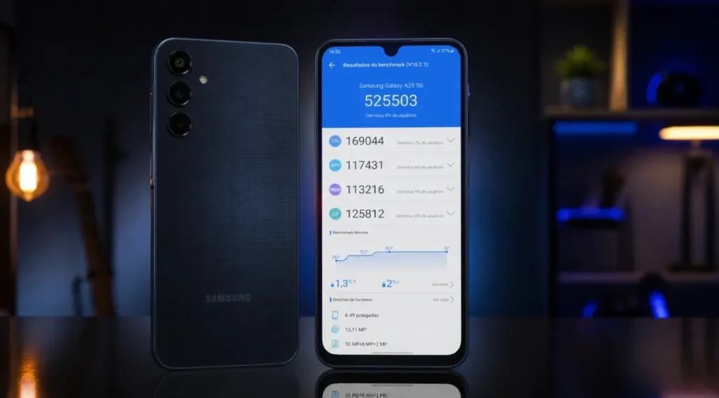 Samsung Galaxy A25: Review Completo e Vale a Pena em 2026? 5 samsung galaxy a25 desempenho processador exynos 1280 benchmark