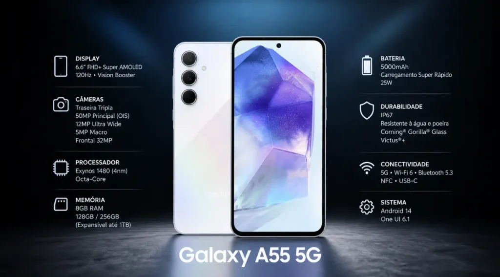 samsung galaxy a55 ficha tecnica especificações completas infografico