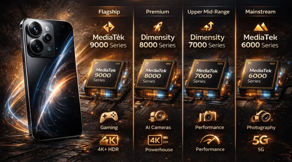 MediaTek Dimensity: O Cérebro por Trás dos Smartphones 5G em 2026 3 família MediaTek Dimensity segmentos 6000 7000 8000 9000 comparativo