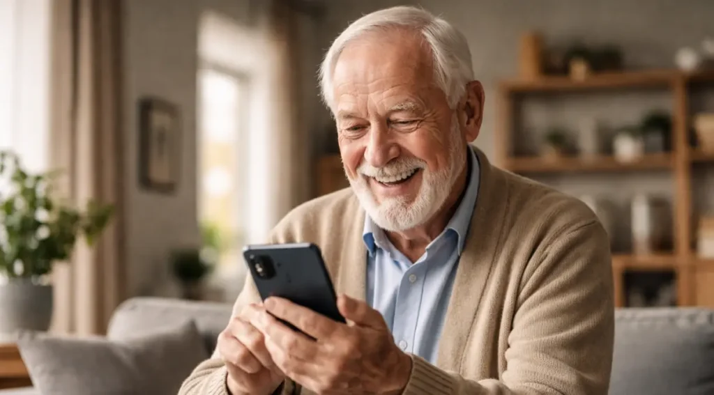 idoso usando celular smartphone tela grande