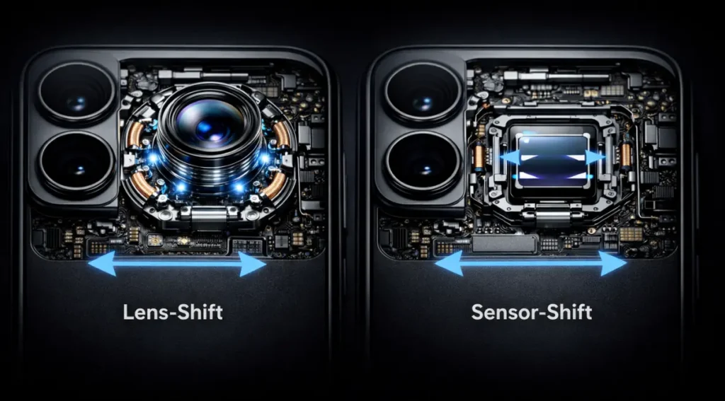 OIS deslocamento lente sensor-shift diferença estabilização óptica celular diagrama
