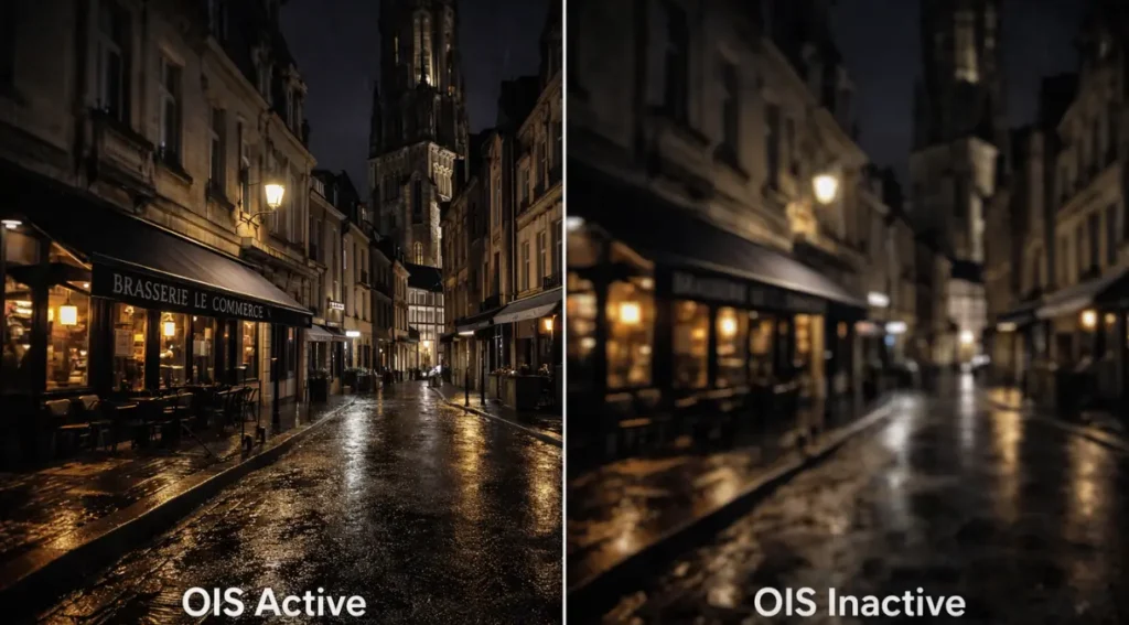 comparação foto OIS ativo vs sem estabilização baixa luz celular nitidez