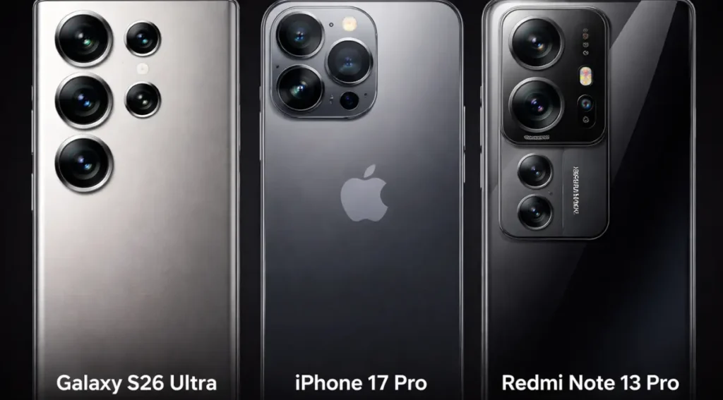 comparação câmeras Galaxy S26 Ultra iPhone 17 Pro Redmi Note 13 Pro módulo traseiro 2026