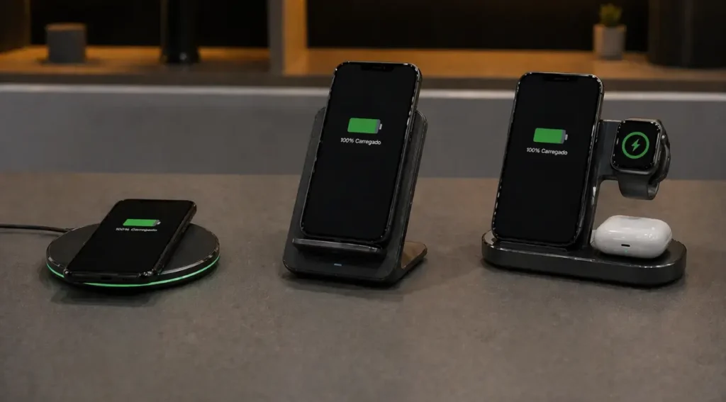tipos carregadores sem fio comparativo base stand 2026
