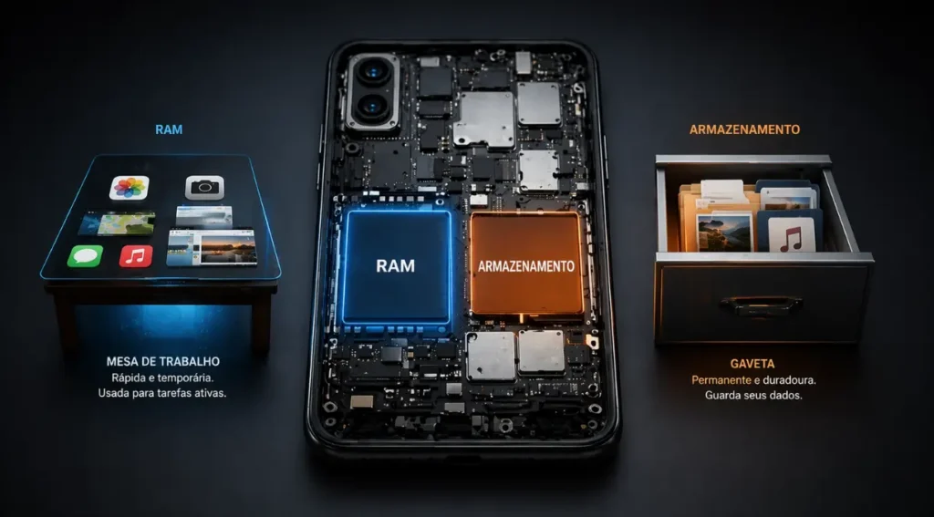 como funciona a memória RAM celular diagrama explicativo