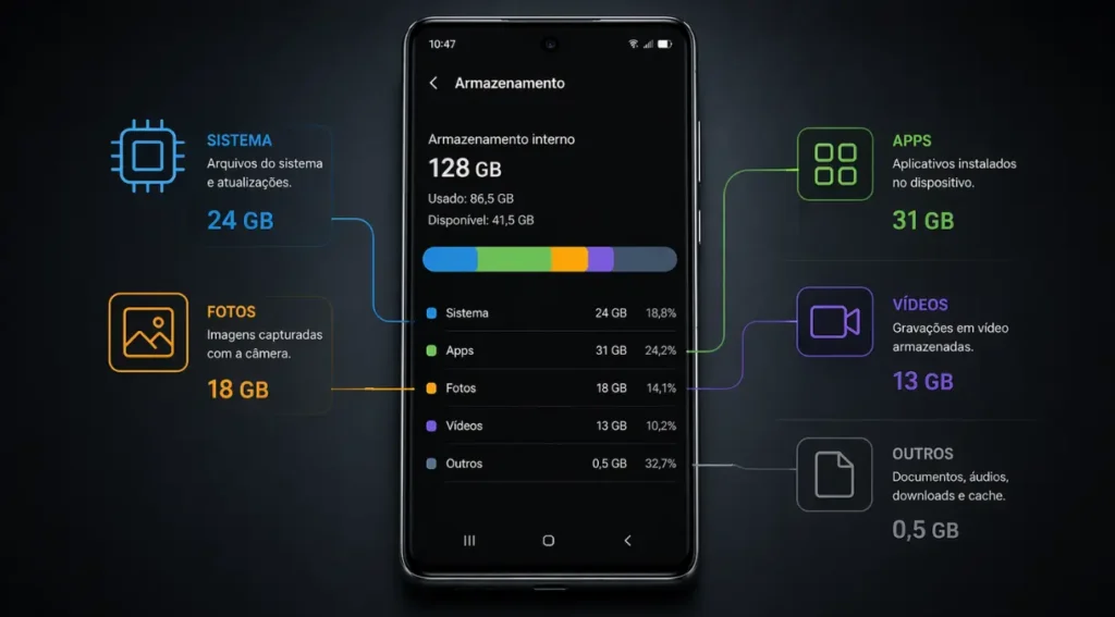 quanto espaço ocupa armazenamento celular apps fotos infográfico