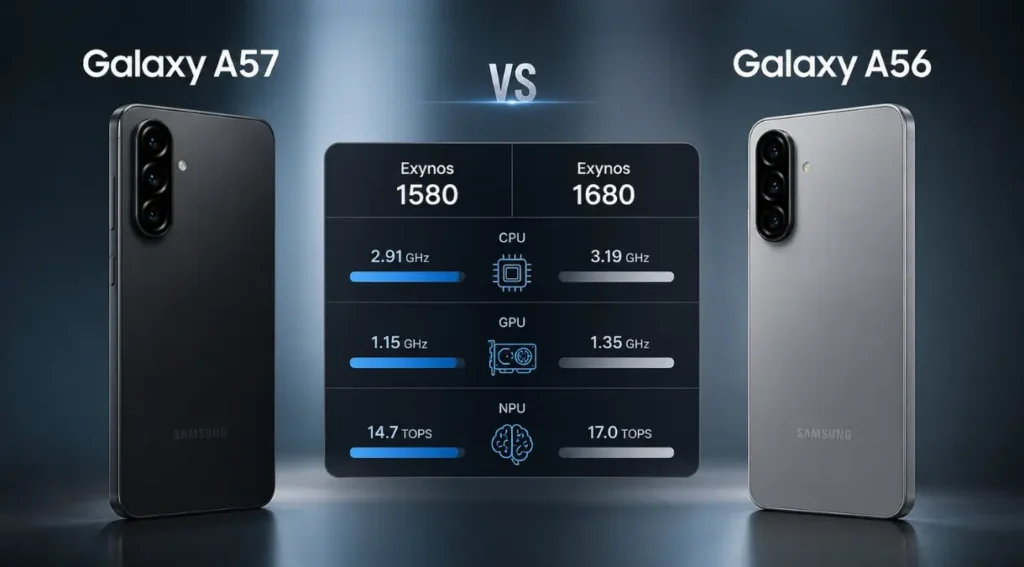 comparação Exynos 1580 vs 1680 Galaxy A56 A57 desempenho