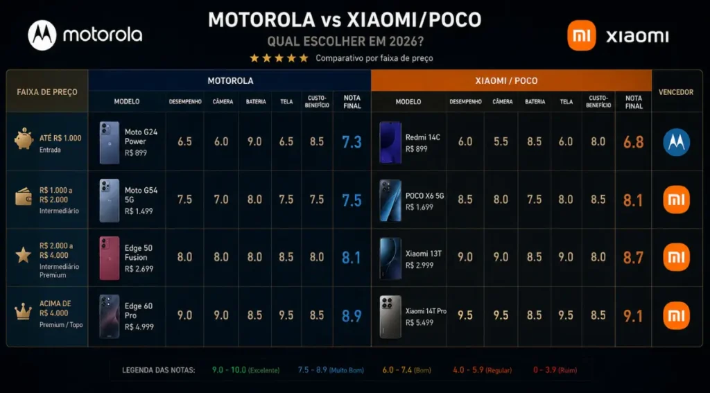 comparativo celulares motorola xiaomi faixa preco custo beneficio 2026
