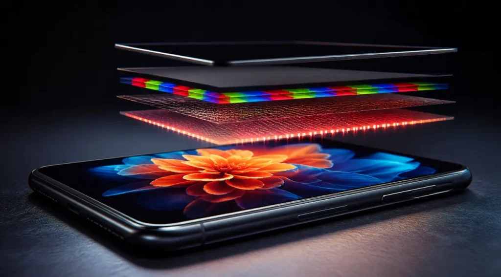 OLED ou LCD no Celular: Qual Tela Vale Mais a Pena em 2026? 3 Diagrama técnico mostrando a estrutura de camadas de um painel OLED com pixels individuais emitindo luz, sem backlight