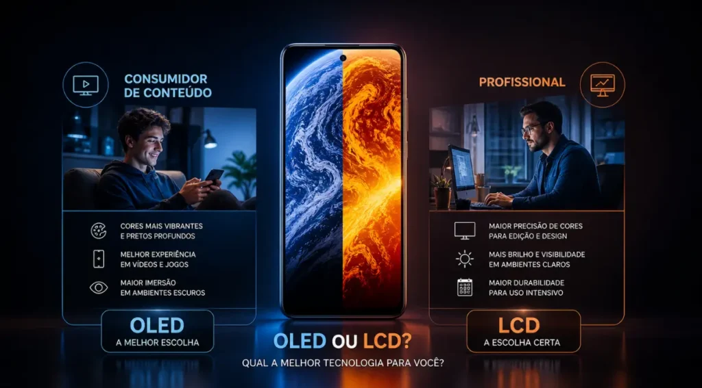 OLED ou LCD no Celular: Qual Tela Vale Mais a Pena em 2026? 6 infográfico qual tela celular OLED LCD melhor perfil usuário