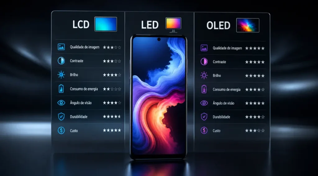 Celular LCD: Tudo o Que Você Precisa Saber em 2026 5 comparativo LCD OLED AMOLED celular diferenças tabela