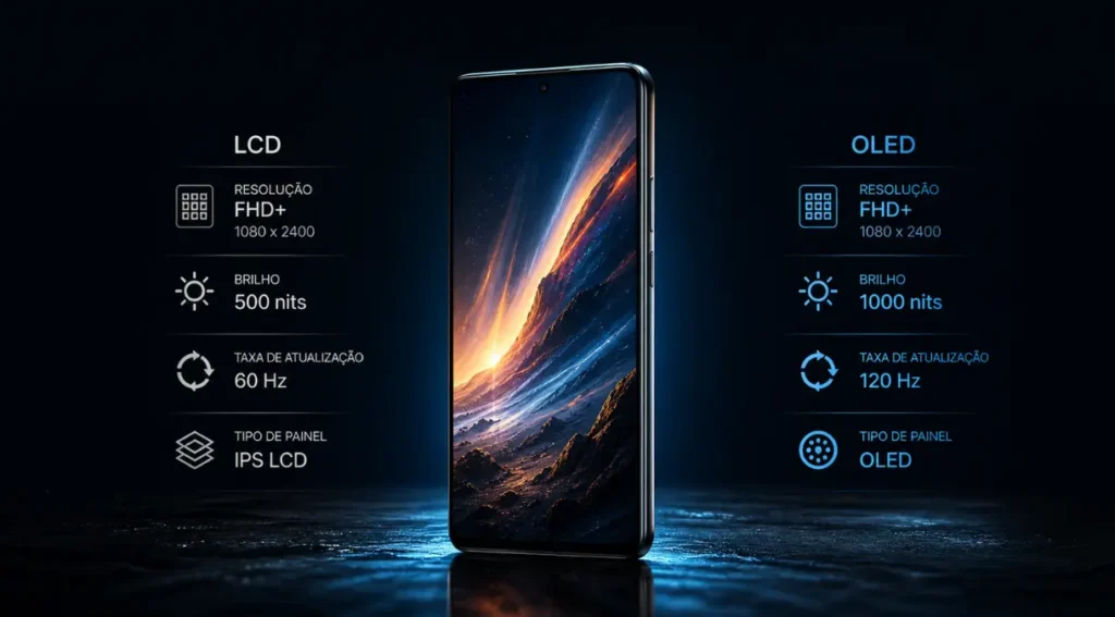 Celular OLED: Guia Completo para Escolher o Melhor em 2026 3 especificações tela OLED resolução brilho taxa atualização infográfico
