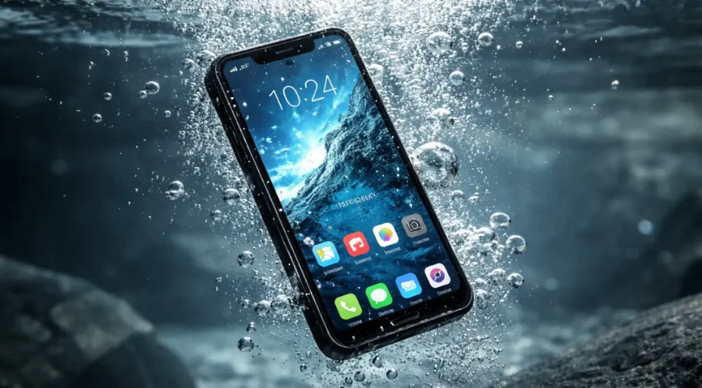 celular resistente à água funcionando submerso, certificação IP68