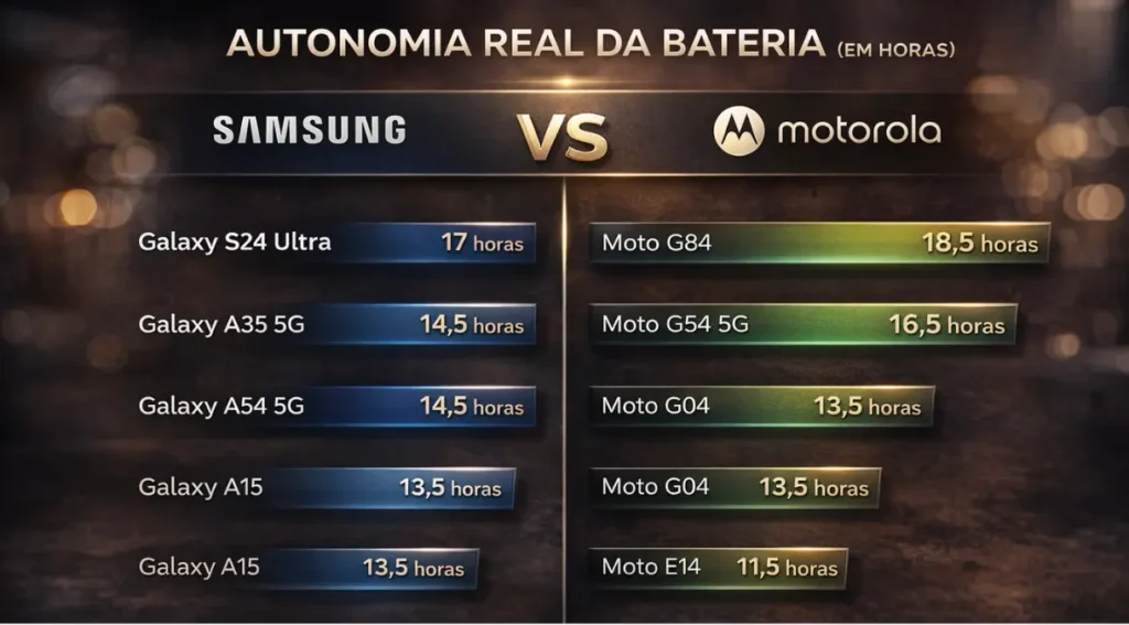 autonomia bateria samsung motorola comparação horas tela