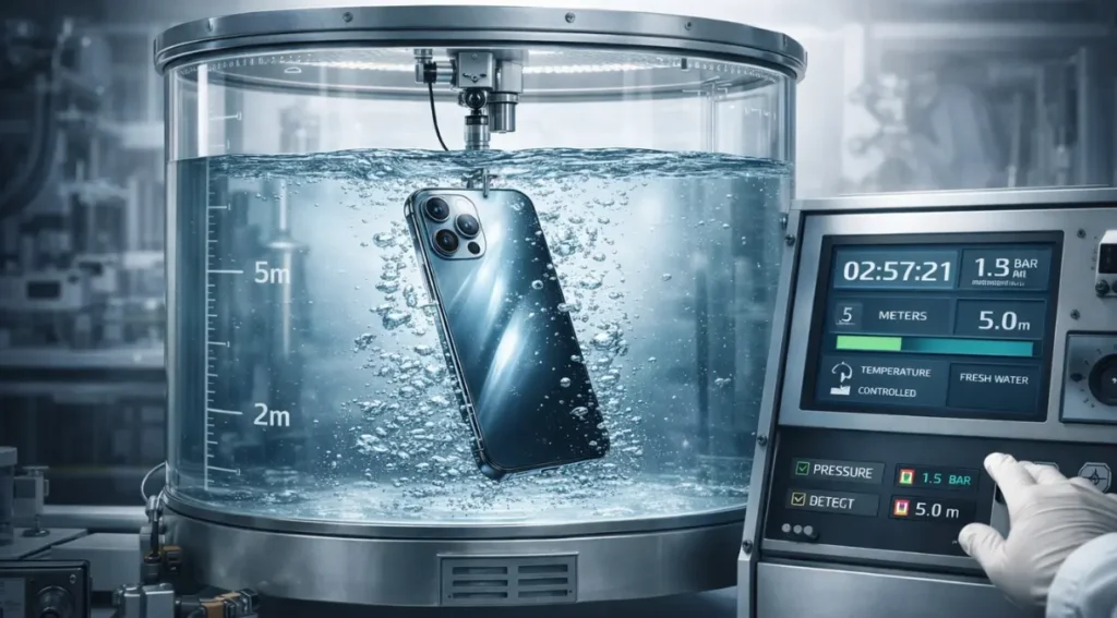 teste certificação IP68 laboratório imersão smartphone