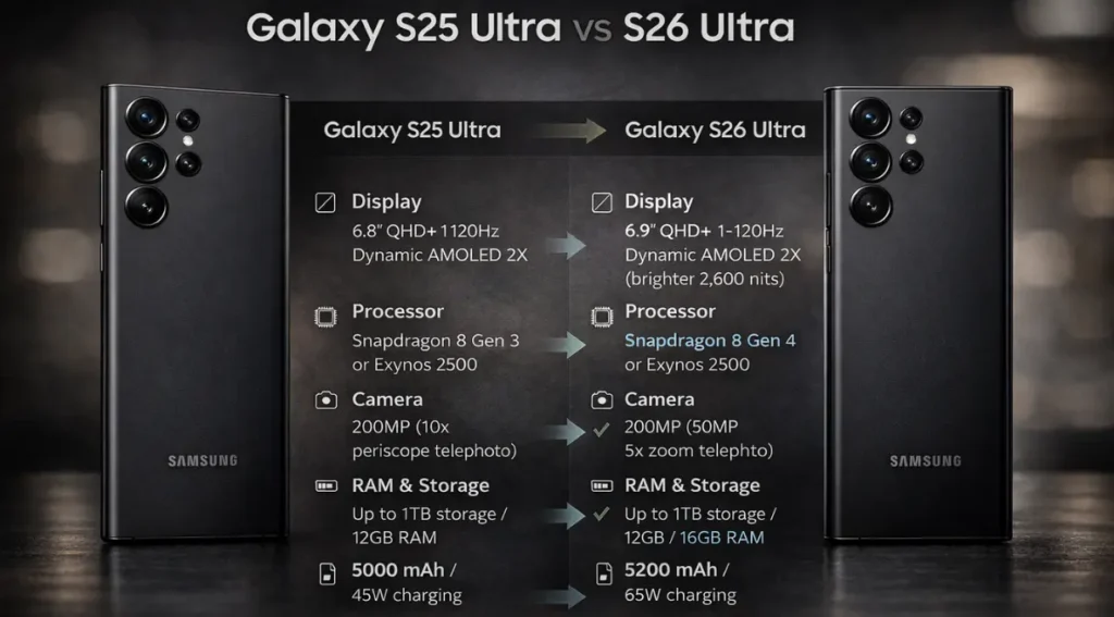 comparação Galaxy S25 Ultra vs S26 Ultra especificações 2026