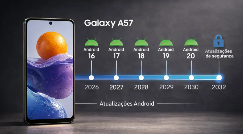 Galaxy A57 atualizações sistema 6 anos Samsung suporte 2026 2032