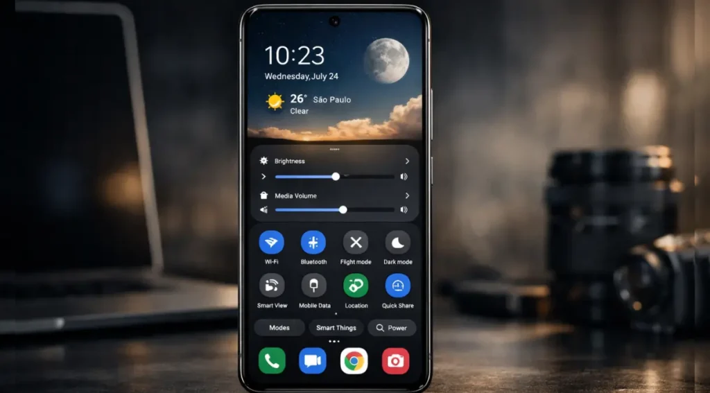 One UI 8.5 interface Galaxy S26 painel rapido personalizado