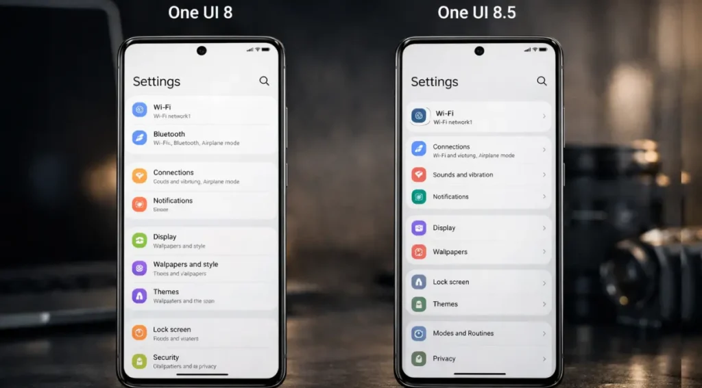 comparativo One UI 8 vs One UI 8.5 interface configuracoes