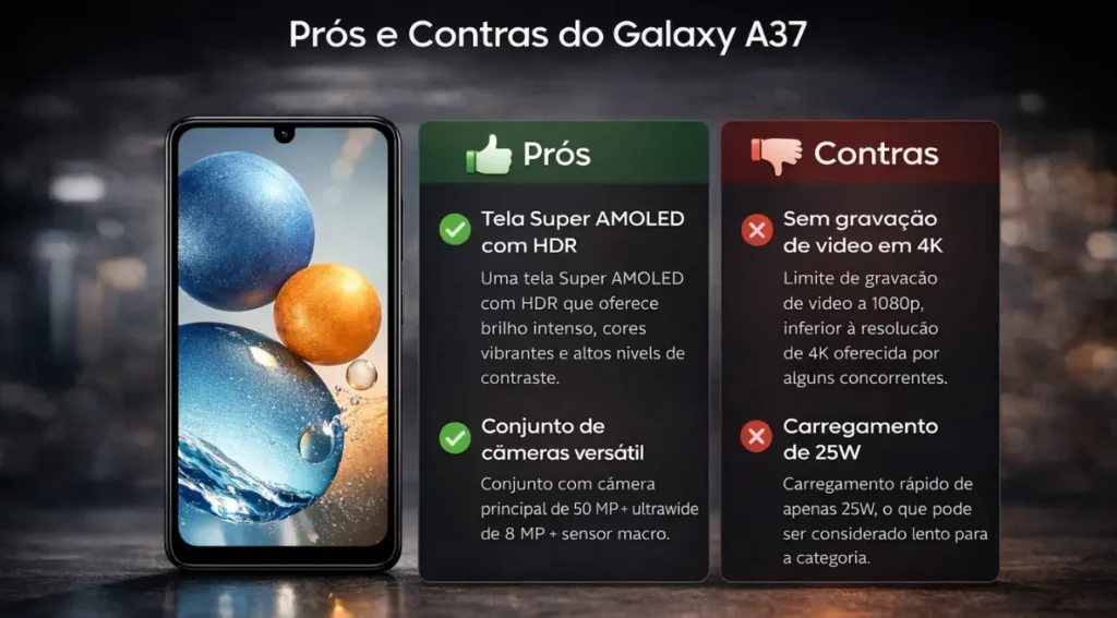 Samsung Galaxy A37 prós contras vale a pena comprar 2026