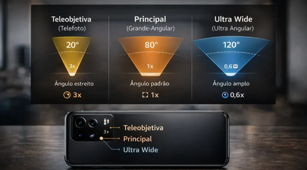 infográfico tipos câmeras celular ultra wide grande angular teleobjetiva ângulo visão
