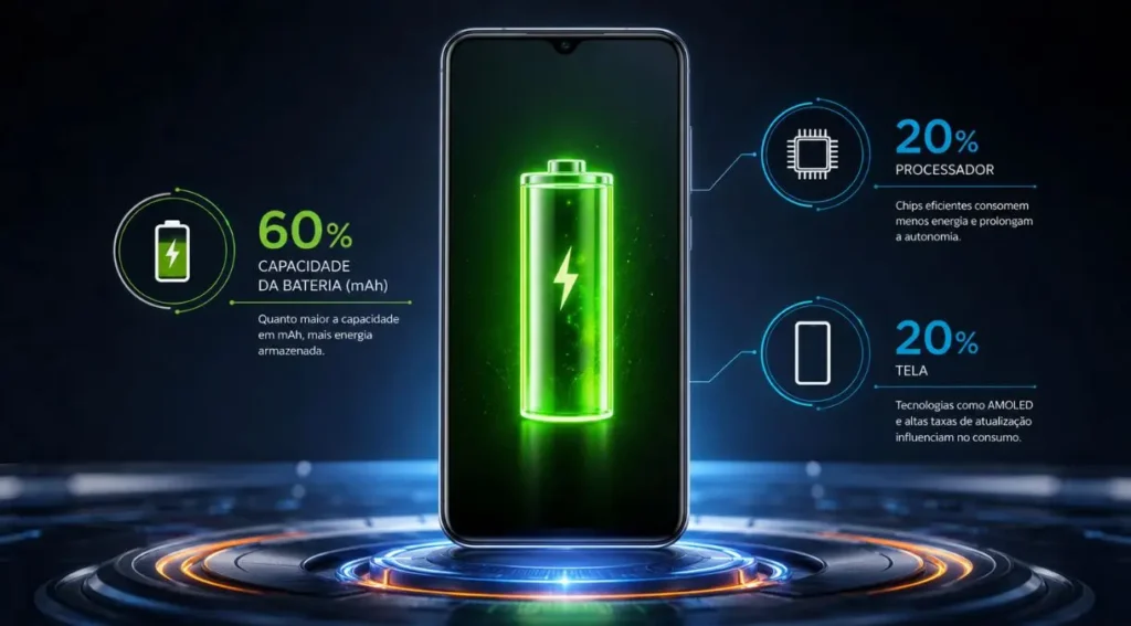 5 Celulares com Bateria que Dura até 2 Dias em 2026 3 fatores que afetam bateria celular autonomia infográfico