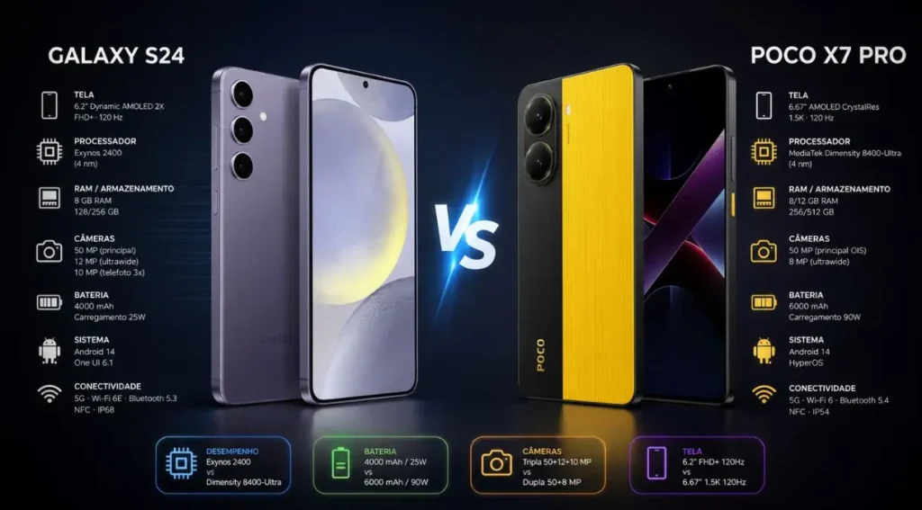 Galaxy S24 vs POCO X7 Pro: Qual Vale Mais a Pena em 2026? 3 infográfico especificações Galaxy S24 POCO X7 Pro comparativo