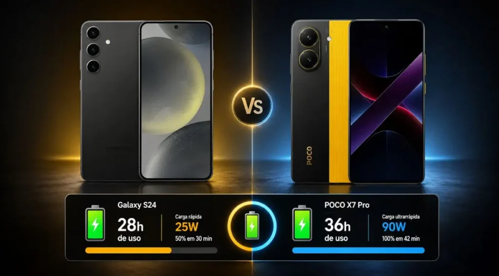 Galaxy S24 vs POCO X7 Pro: Qual Vale Mais a Pena em 2026? 6 comparação bateria Galaxy S24 POCO X7 Pro autonomia carregamento