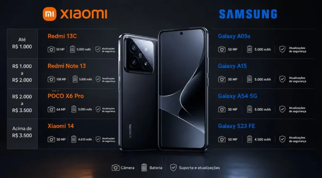 Samsung ou Xiaomi: Qual Marca Vale Mais a Pena em 2026? 6 melhores celulares samsung xiaomi faixa de preço 2026 recomendação