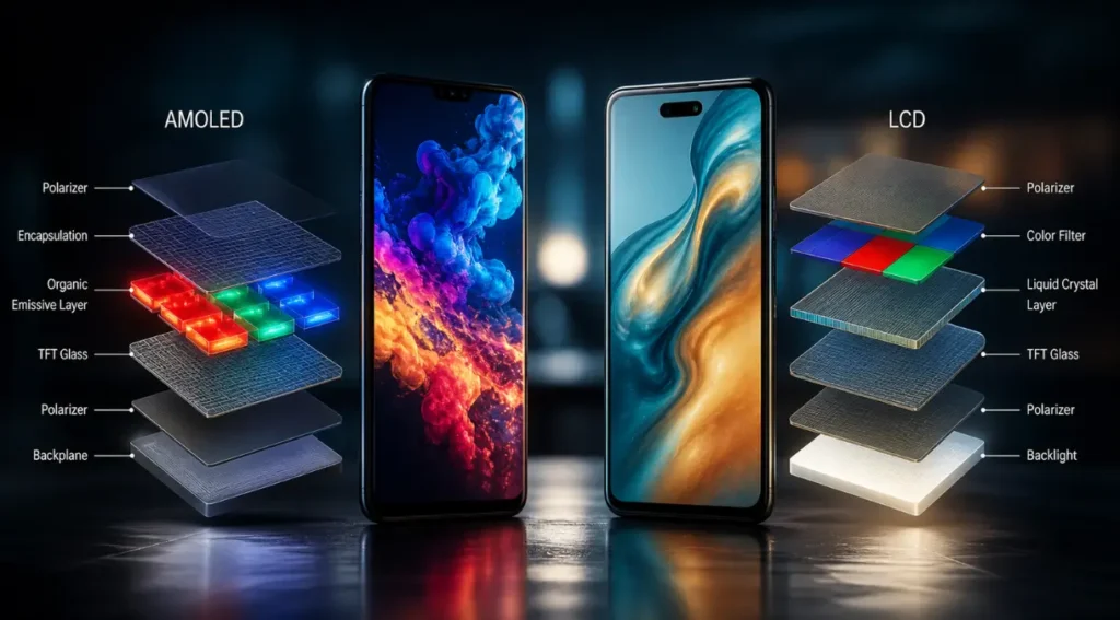 estrutura painel AMOLED camadas pixel emissão luz