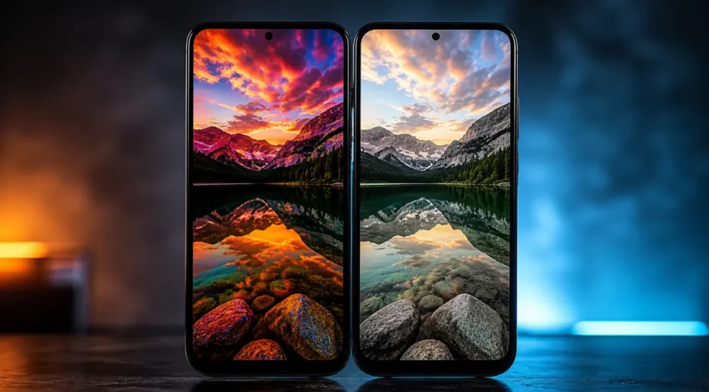 comparação fidelidade cores AMOLED LCD fotografia
