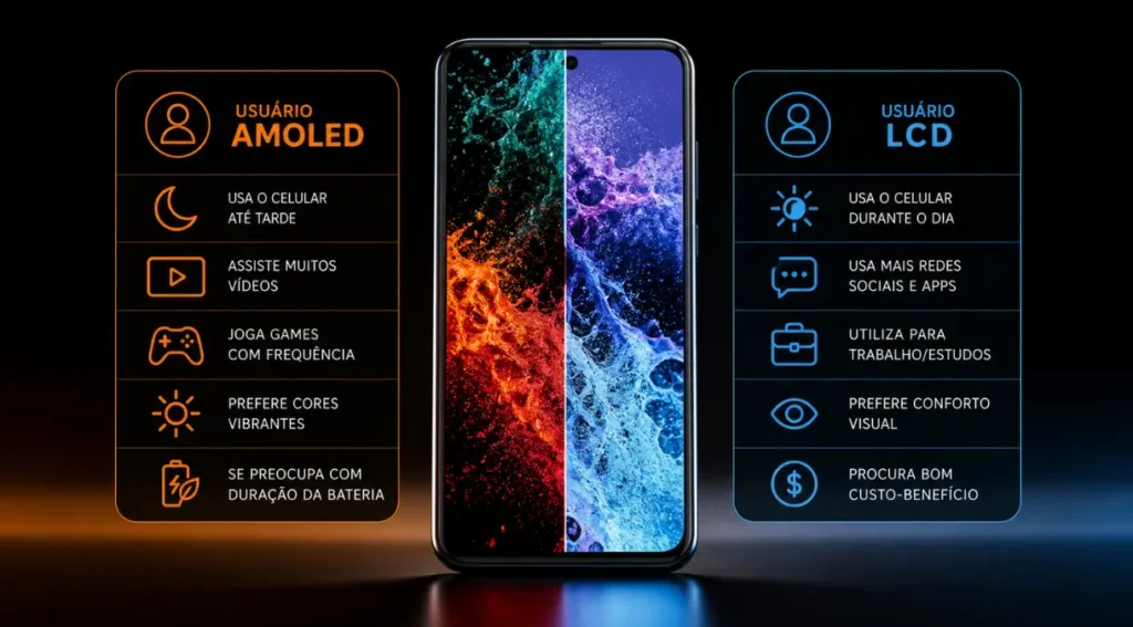 infográfico perfil usuário tela AMOLED LCD escolha celular