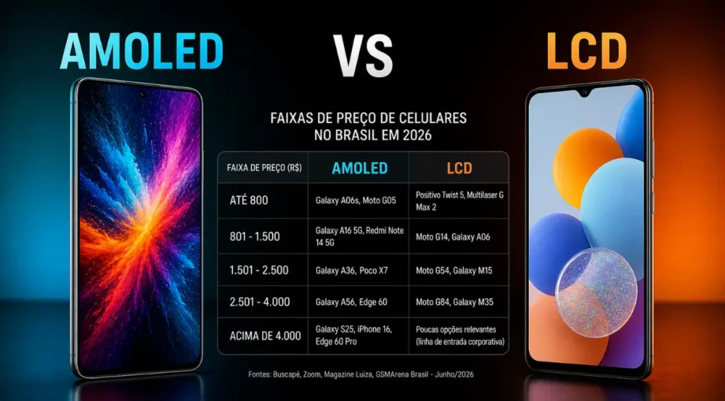 preço celular AMOLED LCD faixas mercado brasileiro 2026