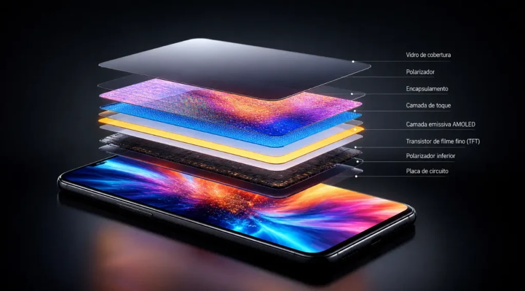 estrutura camadas painel AMOLED diagrama técnico