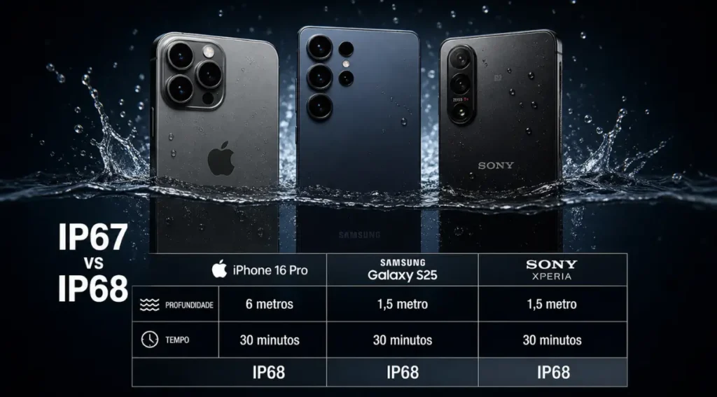 comparação IP68 celulares profundidade metros fabricantes