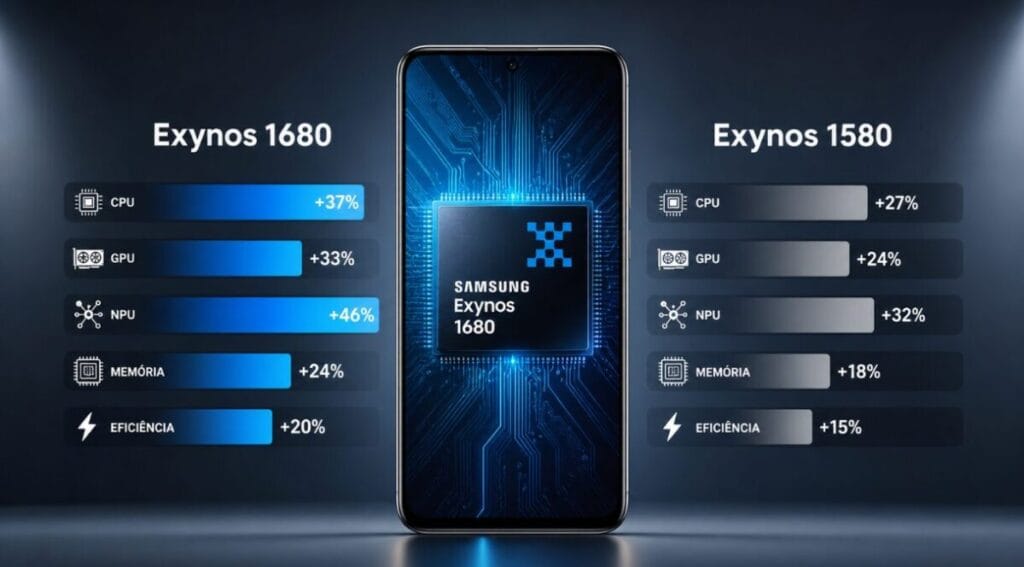 Exynos 1680 vs Exynos 1580 comparação desempenho infográfico 2026