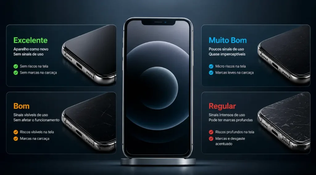 classificação celular recondicionado graus condição infográfico