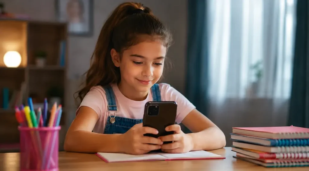 criança usando celular para estudar controle parental 2026